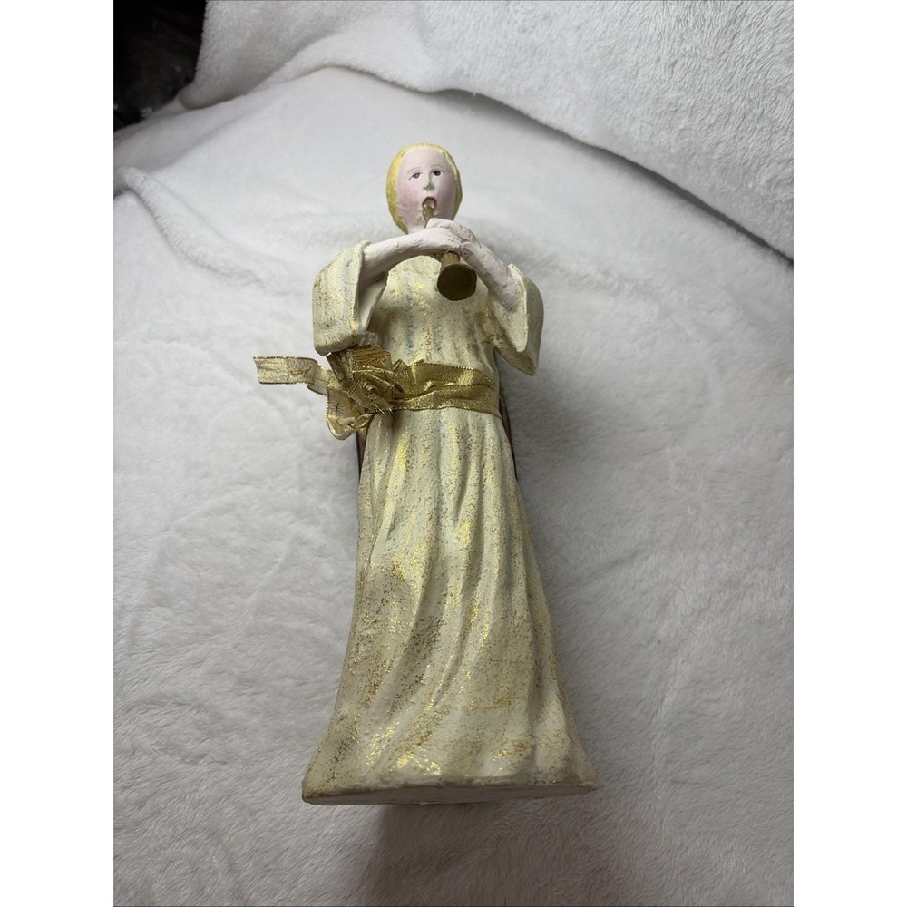 Vintage 90s Christmas Angel Figurine Playing Horn Gold & Cream Decor Solid Resin - Picture 2 of 10